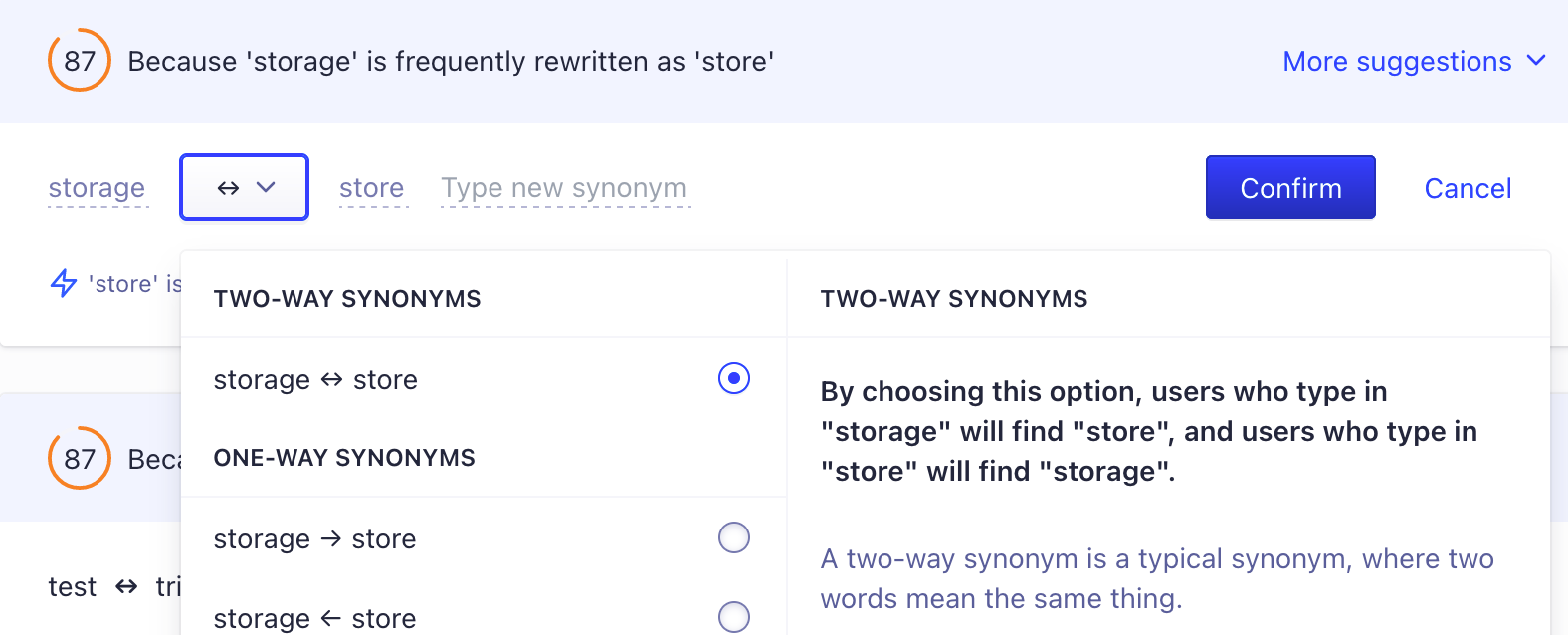 Screenshot of the edit suggestions menu with options for changing synonym types