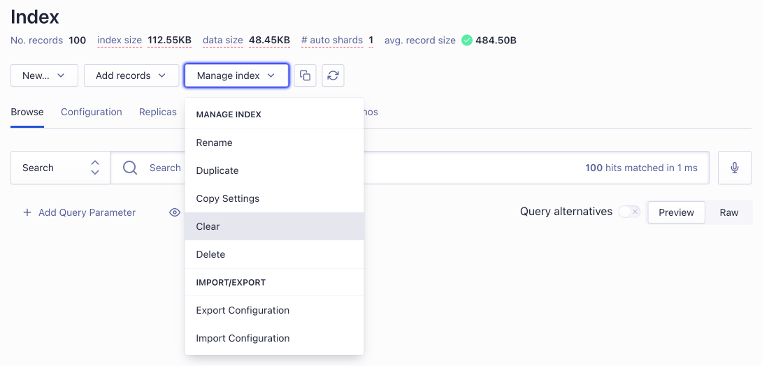 Delete all records from an index, keeping its configuration