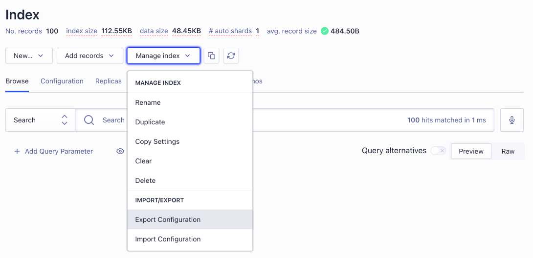 Select an index and export its configuration as JSON file in the Algolia dashboard