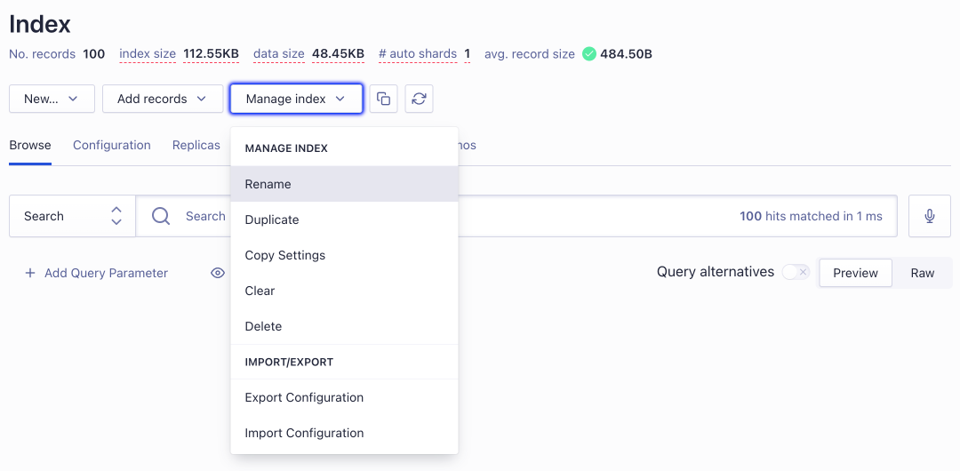 Rename or move an index from the Algolia dashboard.