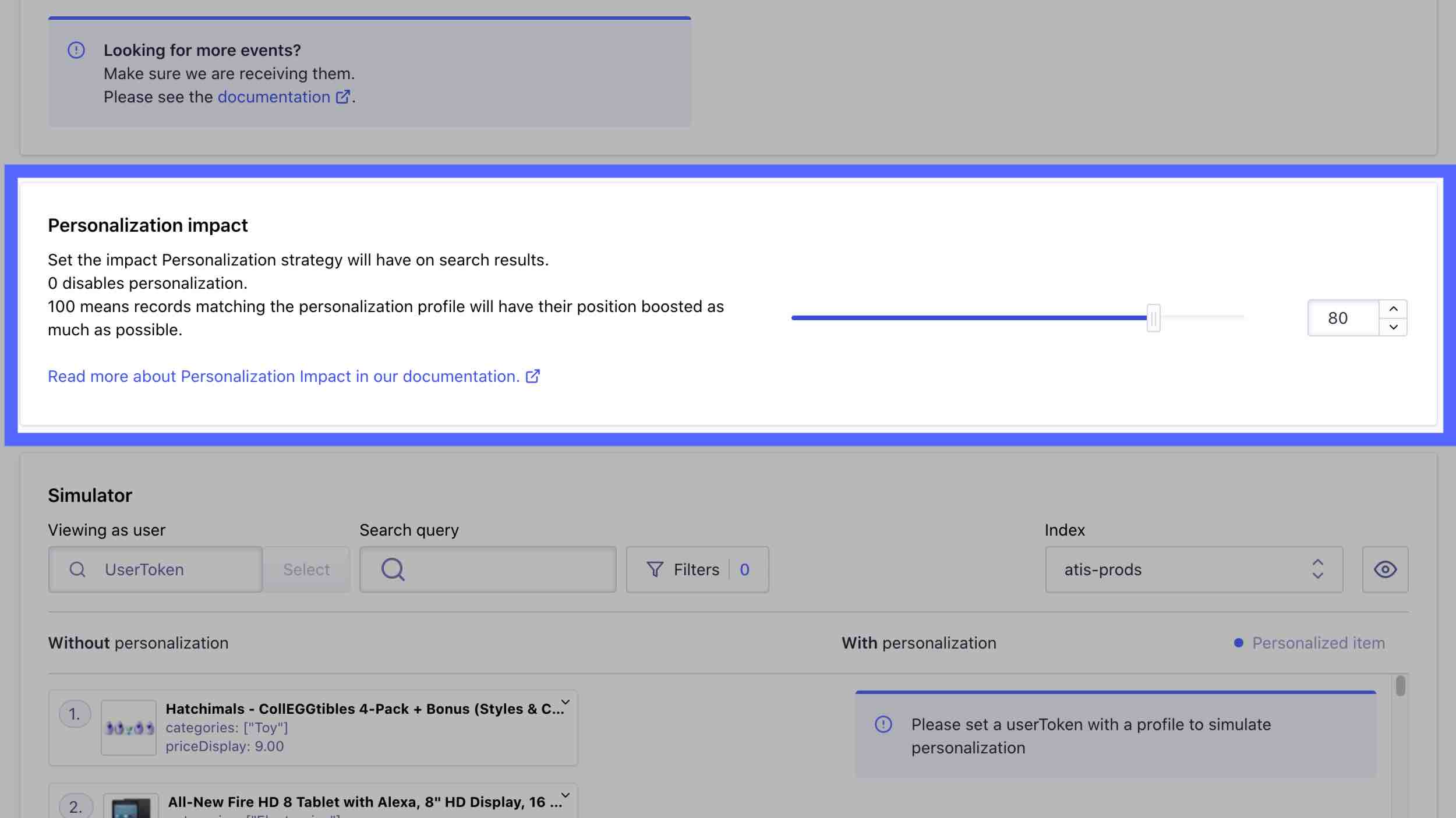 Configuring personalization impact using the dashboard