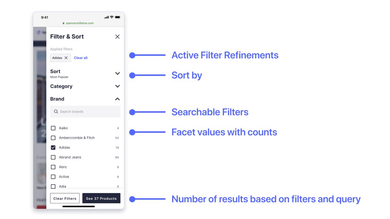 filter and sort panel with different UI elements.