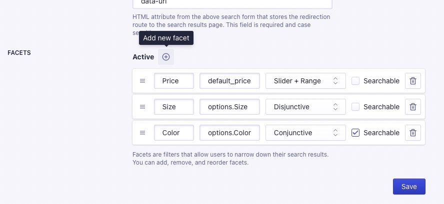 Facet settings in the BigCommerce app