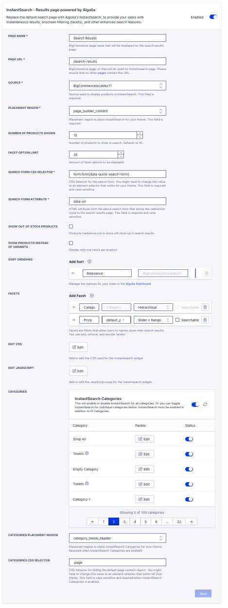 InstantSearch settings in the BigCommerce app