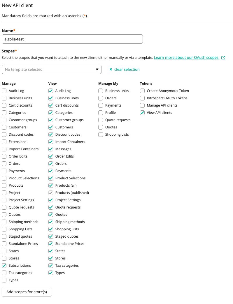 commercetools API client scopes screen