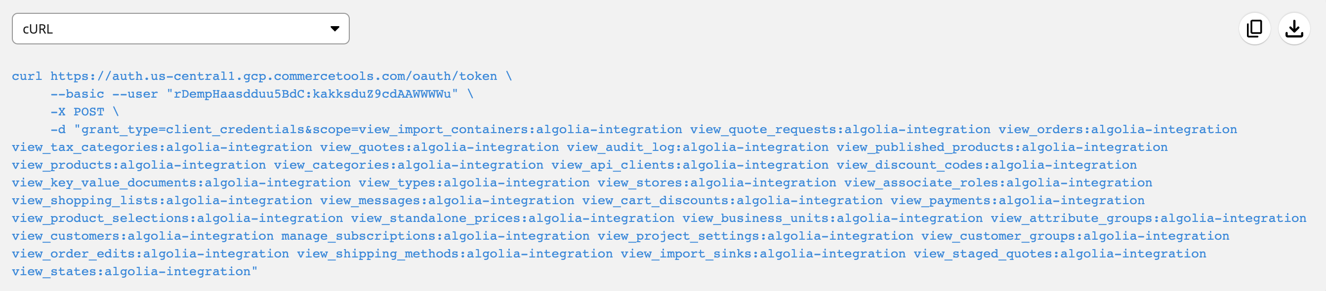 commercetools API client curl command