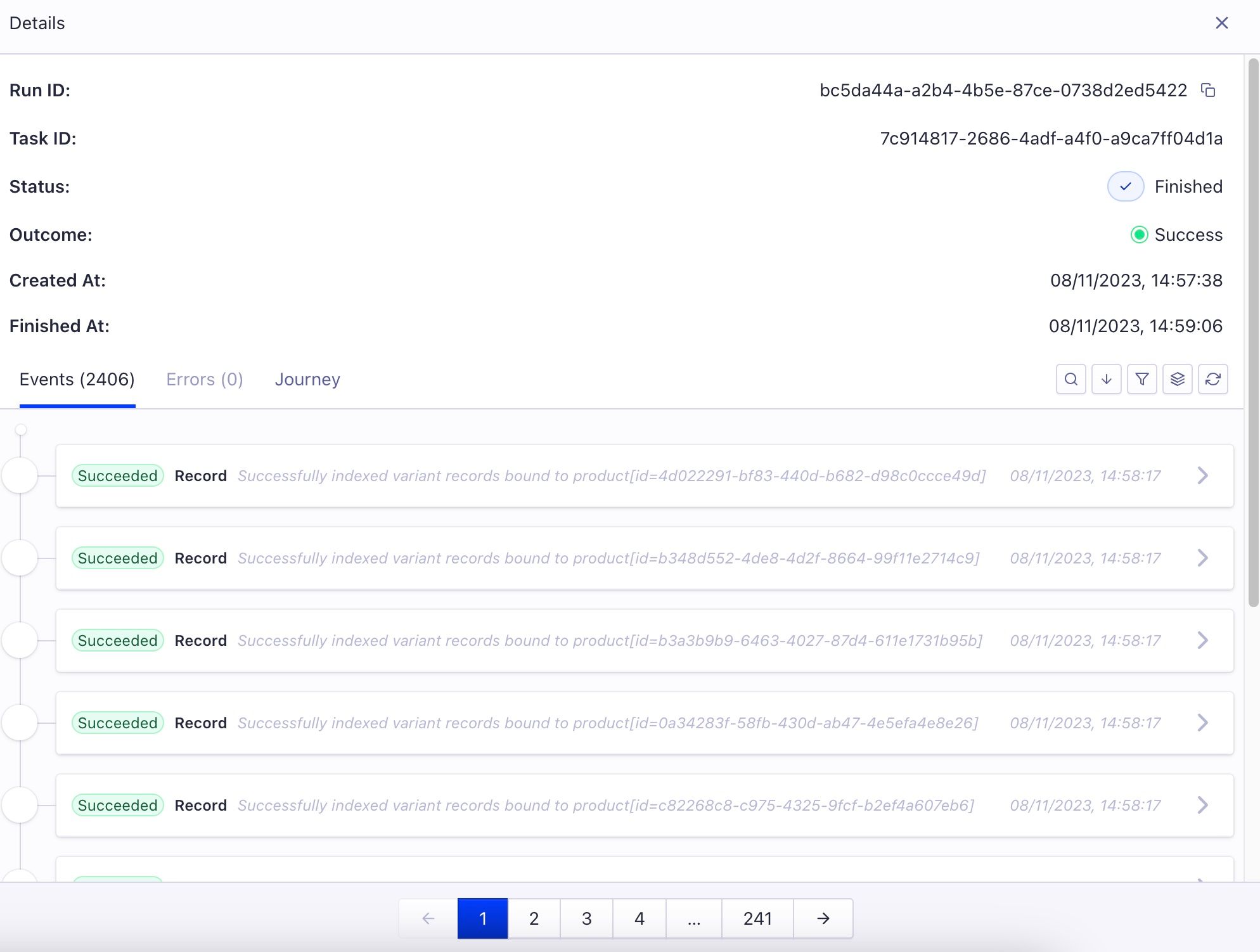 Run details displays the status and progress of an individual reindex run