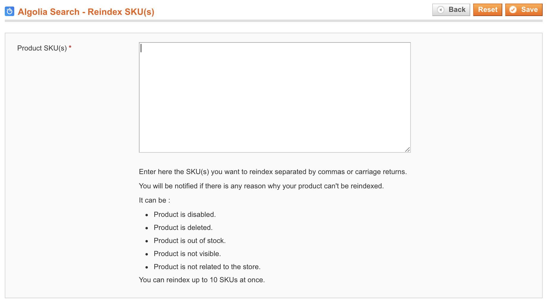 SKU reindexing form