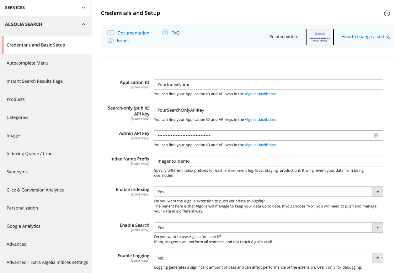 Add your Algolia application ID, Admin API key, Search API key and a prefix for index names into the setup form.