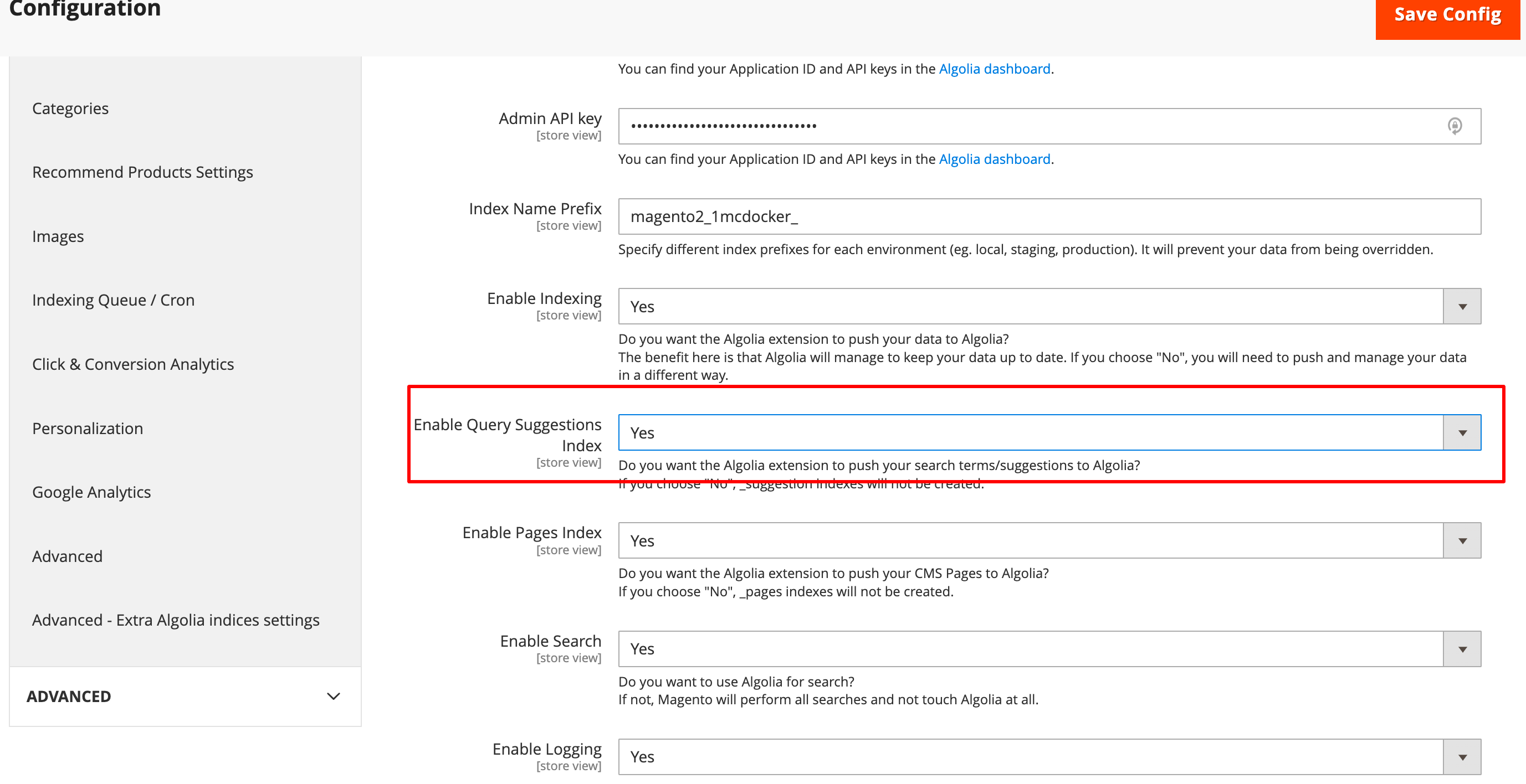 Enable query suggestions index