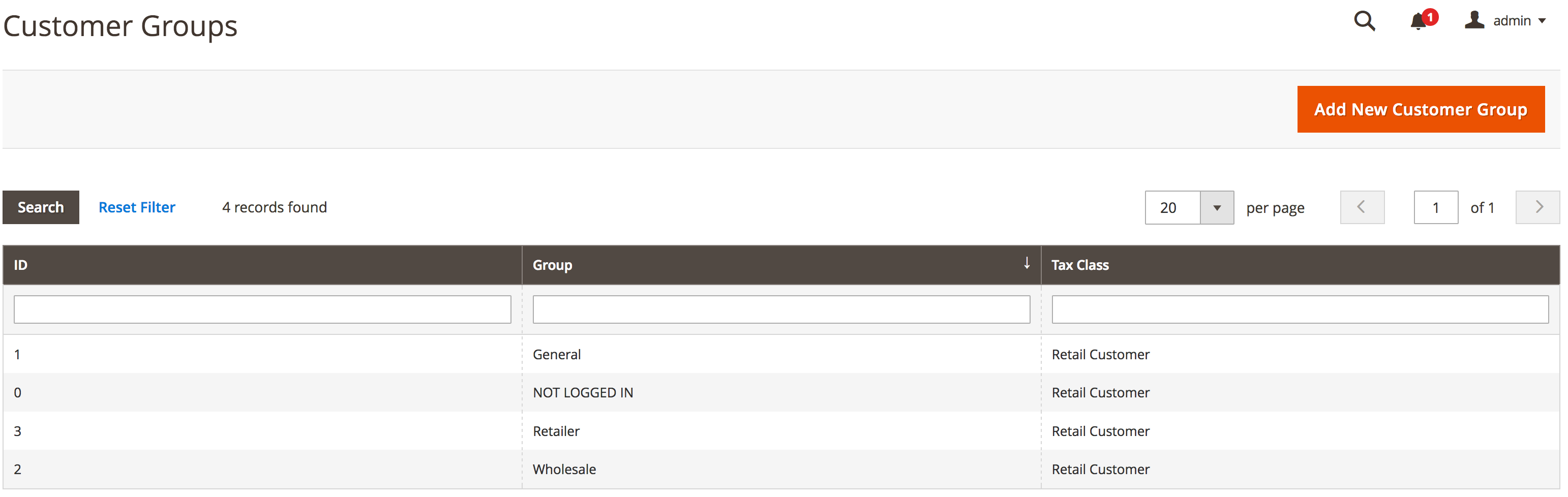 The Magento Customer Groups page