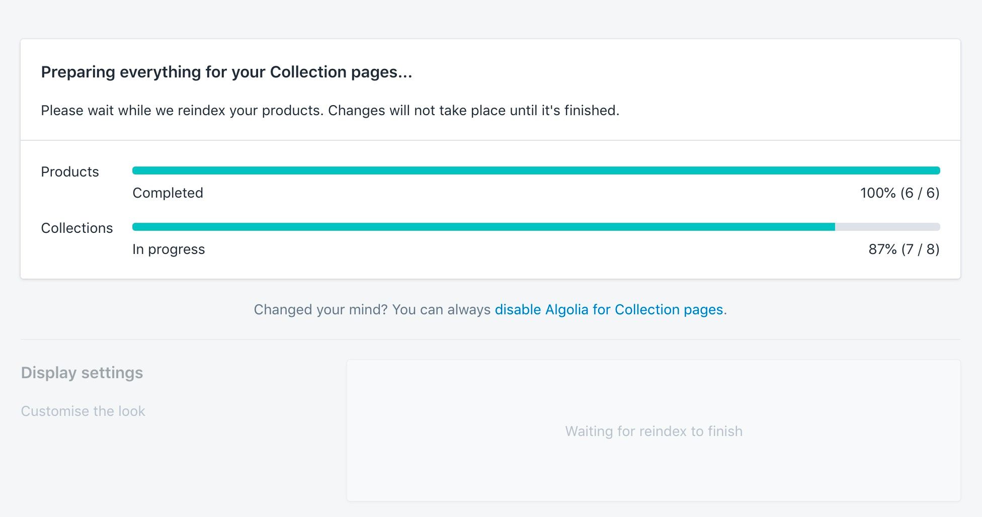 The Collection pages reindexing screen in the Shopify admin