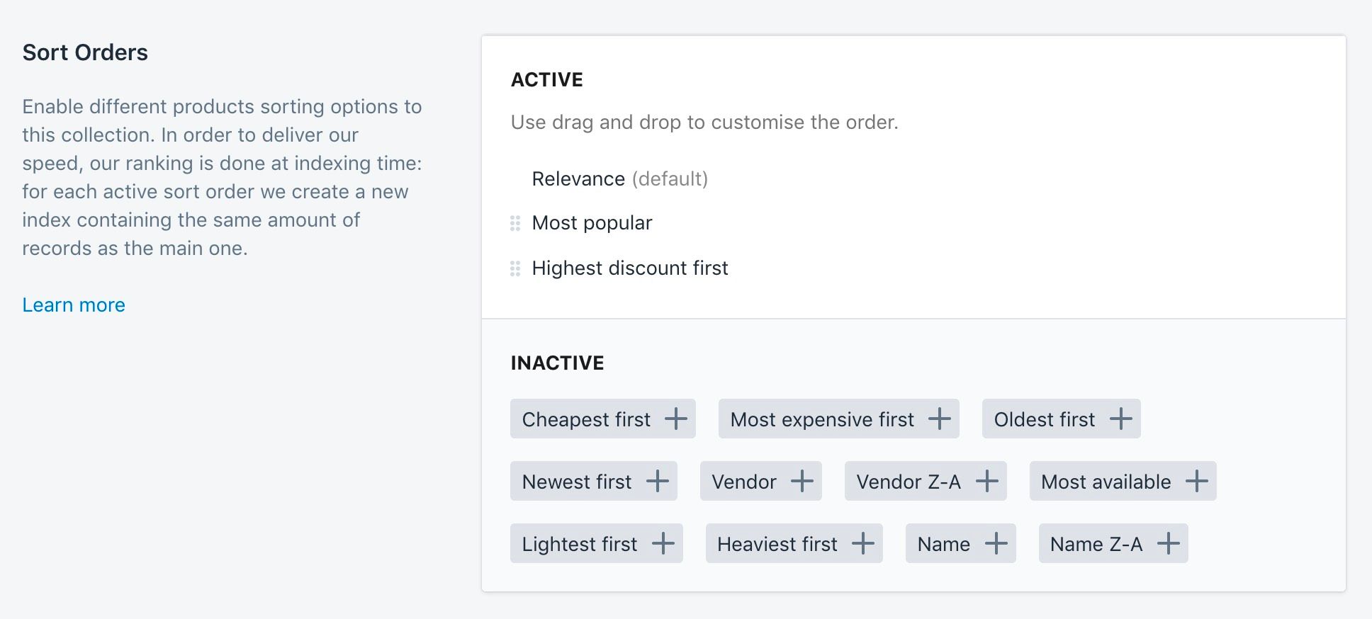 The Collection customisation sort orders settings in the Shopify admin