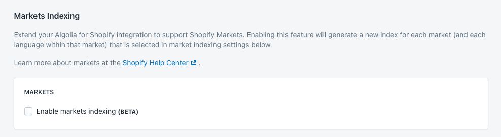 Checkbox displayed to enable markets indexing