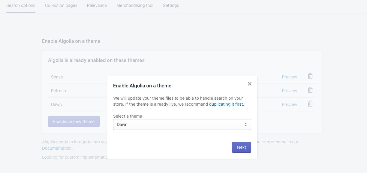 Enable Algolia theme assets in Shopify