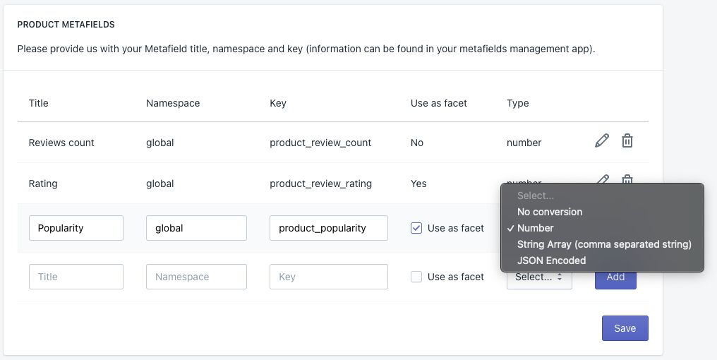 Metafields dialog in the Shopify admin with an open menu for selecting the type conversion option