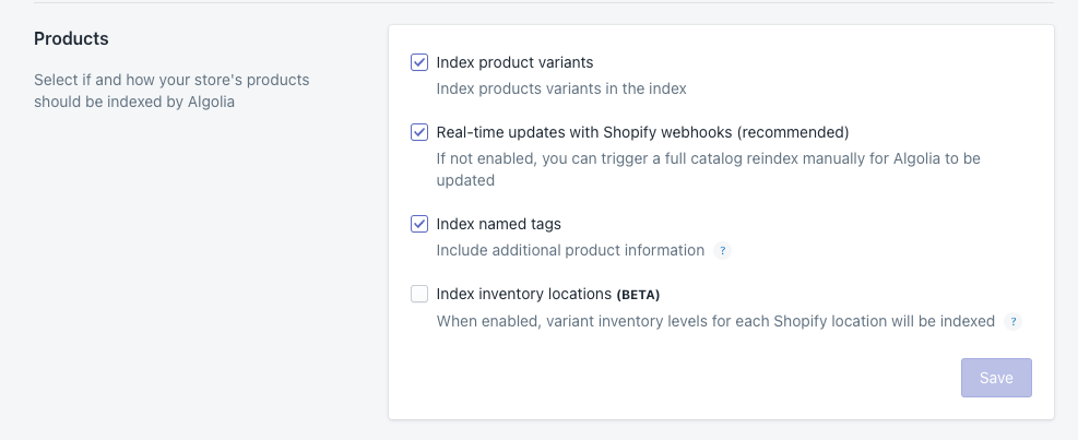 Update product indexing settings in the Algolia Search and Discovery app