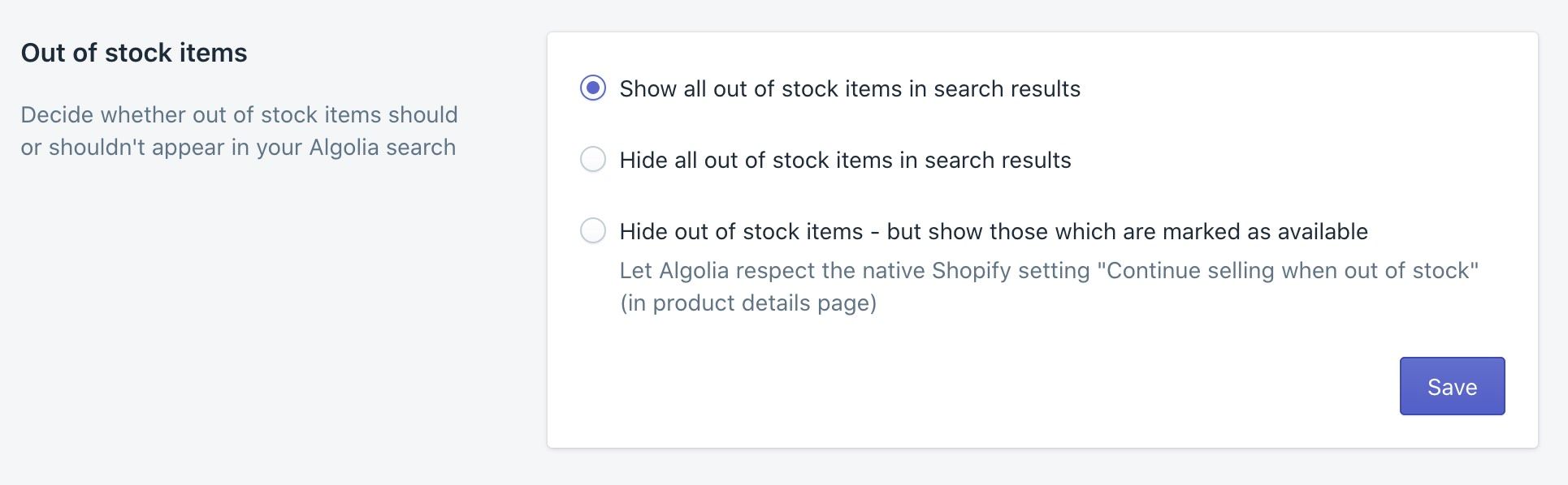 Dialog for handling out-of-stock items in search results in the Algolia app in the Shopify admin