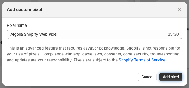 Shopify add pixel name