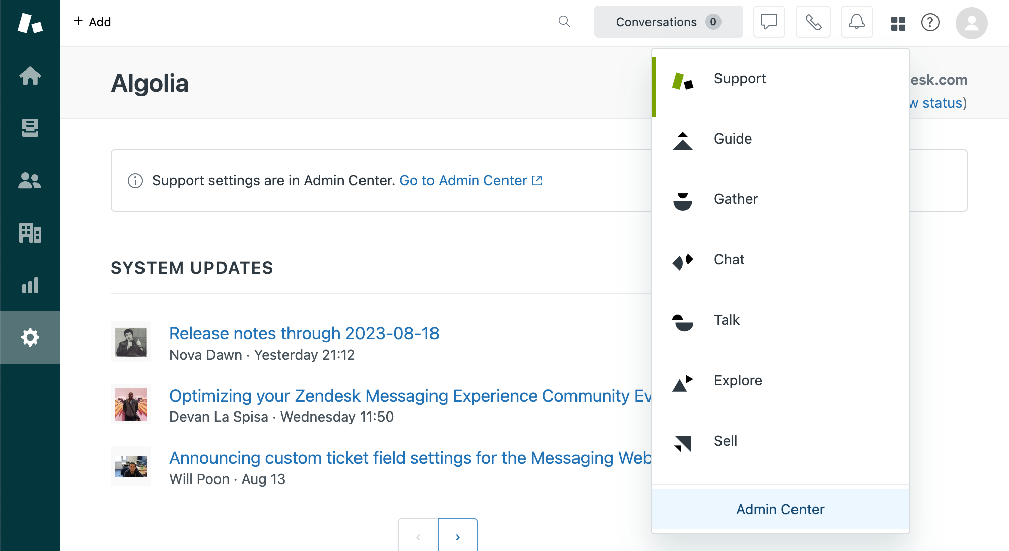 The  selection menu in the Zendesk dashboard showing the Admin Center at the end of the list.