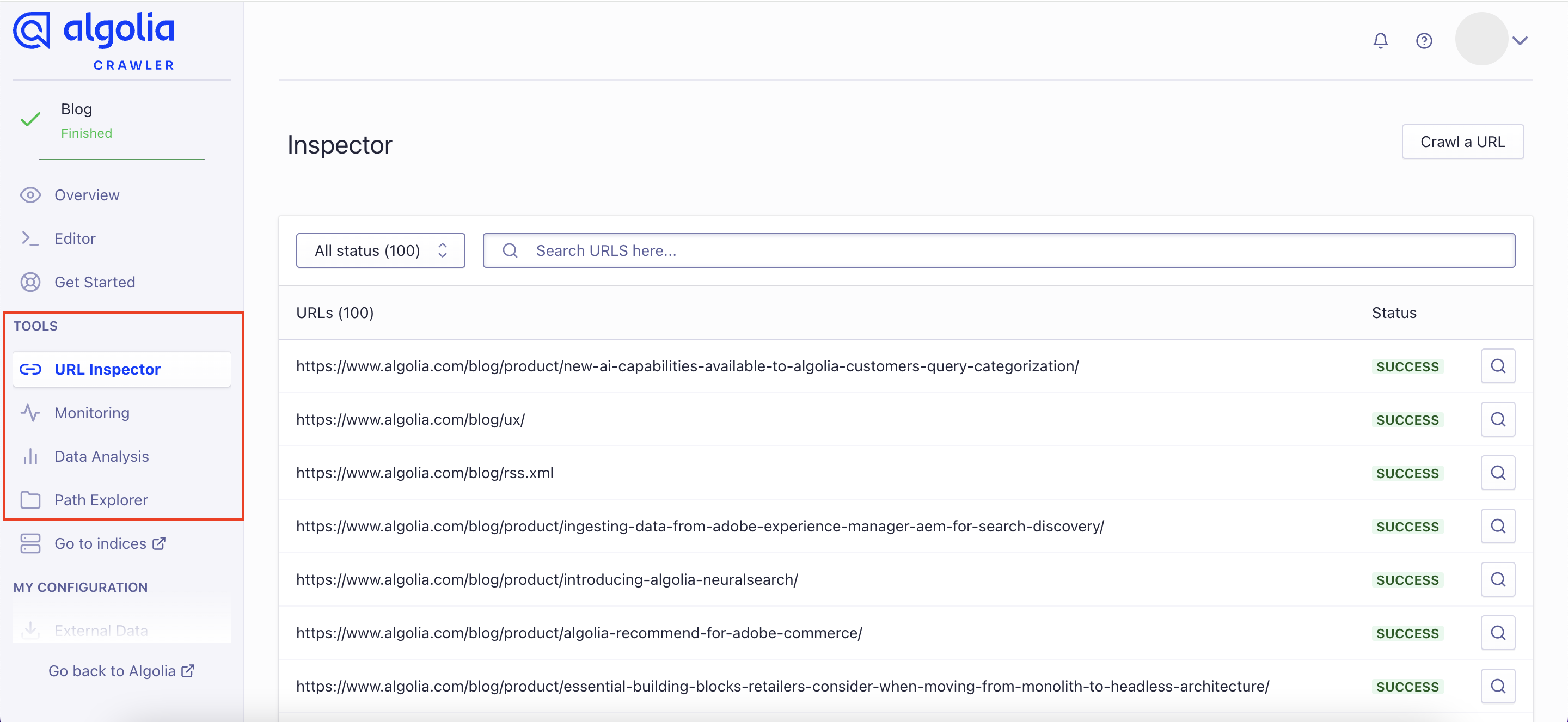 Monitoring tools in the Crawler dashboard