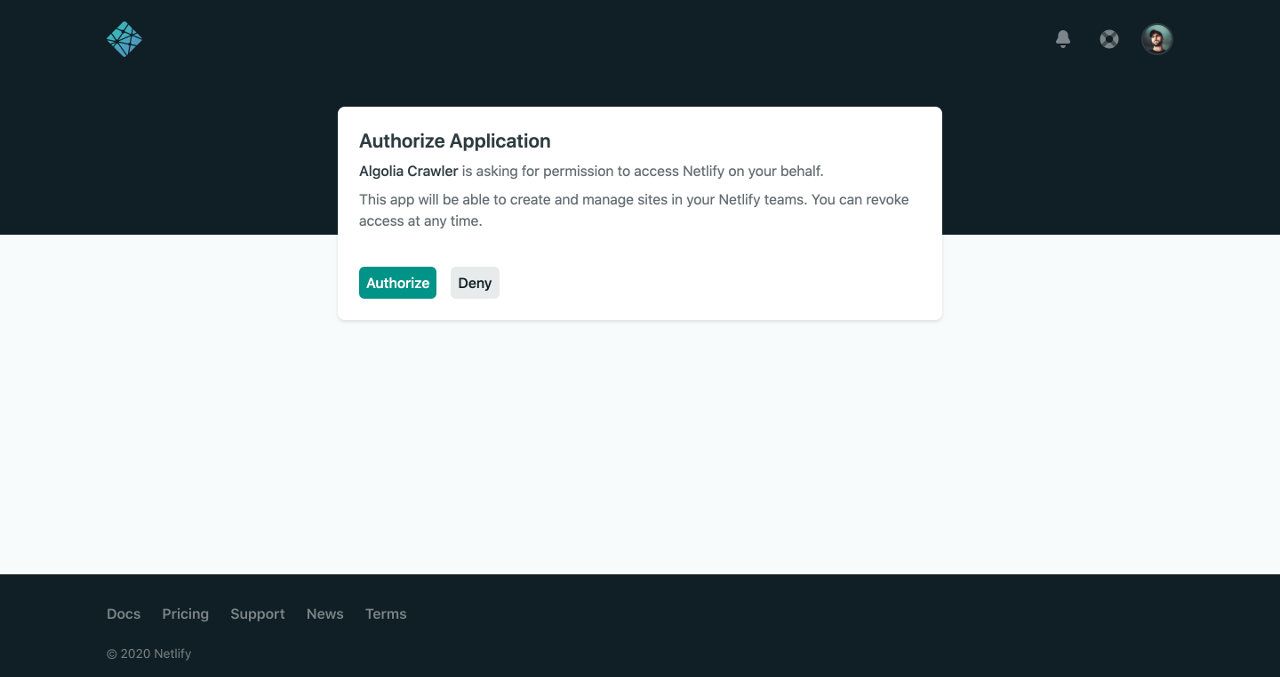 Authorize the Algolia crawler application in Netlify