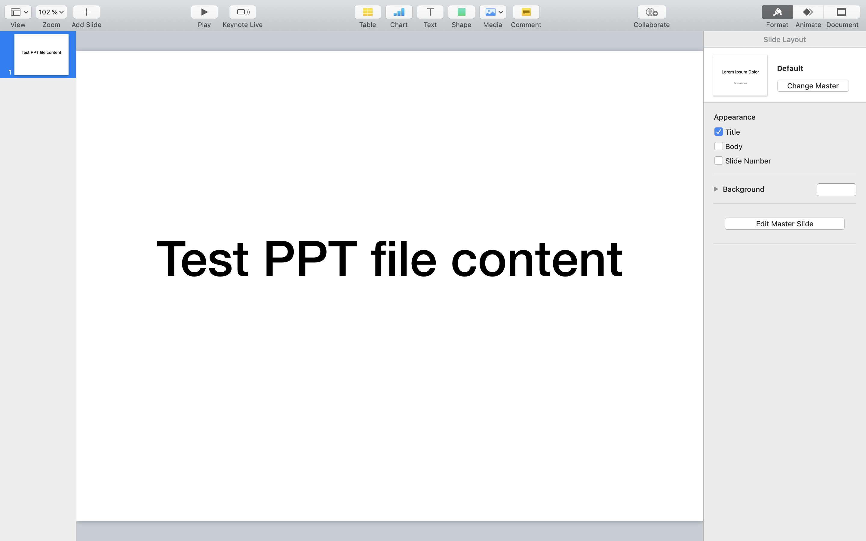 Image of a powerpoint that says: Test PPT file content